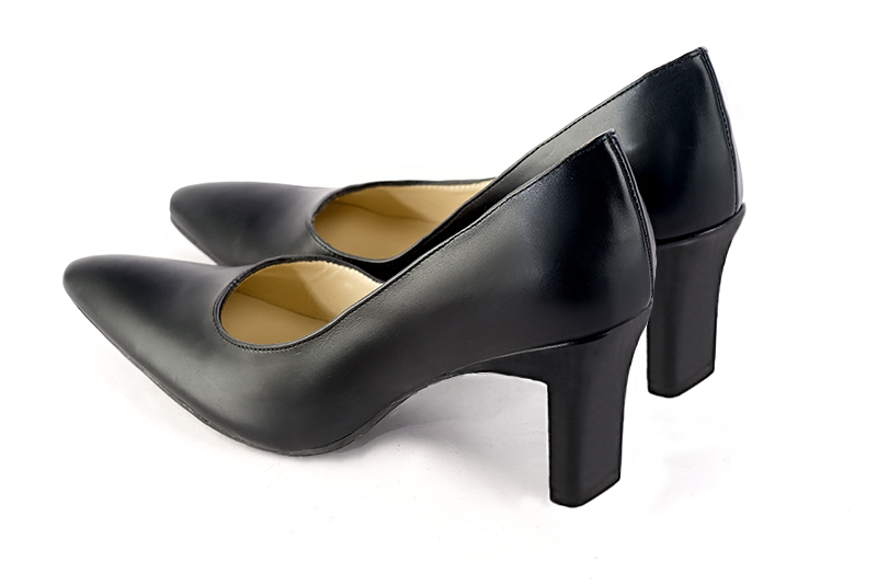 Satin black women's dress pumps,with a square neckline. Tapered toe. High comma heels. Rear view - Florence KOOIJMAN